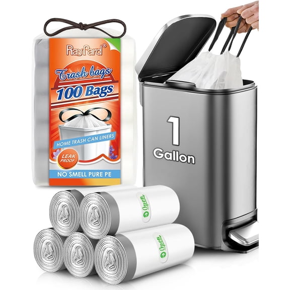 1 Gallon 100 Counts Mini Strong Drawstring Trash Bags Garbage Bags by , fit 3-4 Liter Small Trash Can, Tiny Waste Basket Liners for Home Office Bathroom Bedroom Car, White