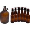 thumbnail image 1 of 1 Gallon (128 oz) Amber Glass Jug With 38mm Cap with Pack of 6 Amber 16-20oz Growlers with Flip Top Airtight Silicone Seal For Beverages, Oil, Vinegar, Kombucha, Beer, Water, Soda, Kefir, 1 of 7