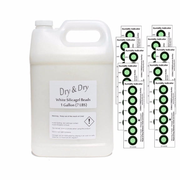 1 Gallon(7 LBS) "Dry & Dry" Premium Rechargeable White Silica Gel Beads (Industry Standard 2-4 mm) - 10 Humidity Indicator Cards(Reusable)