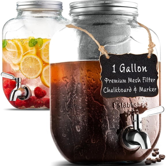 1 Gallon Cold Brew Coffee Maker - 3rd Generation Fine Mesh Filter - Stainless Steel Spigot - Extra Thick Large Glass Mason Jar Drink Dispenser Carafe Iced Coffee Maker & Sun Tea Pitcher with Infuser.