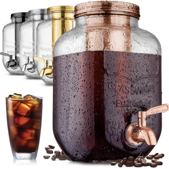 1 Gallon Cold Brew Coffee Maker - Large Iced Tea & Cold Brew Pitcher with Extra-Thick Glass & Stainless Steel Infuser - Drink & Beverage Dispenser Jar with Airtight Lid & Spout Rose Gold