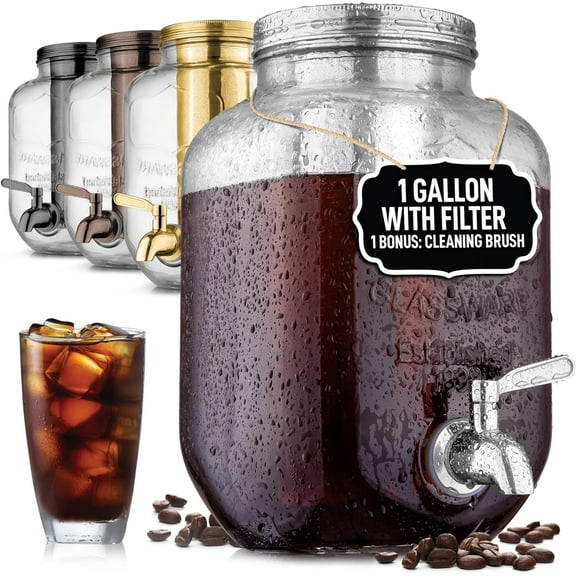 1 Gallon Cold Brew Coffee Maker Thick Glass Pitcher with Stainless Steel Filter Lid & Spout Large Mason Jar Container Dispenser - Iced Coffee & Sun Tea Brewer for Fridge Silver