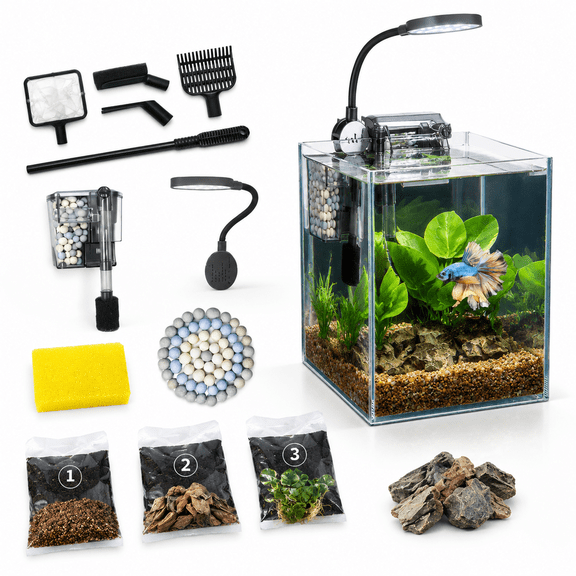 1 Gallon Desktop Aquarium Starter Kit with LED Light Filter and Cleaning Tools