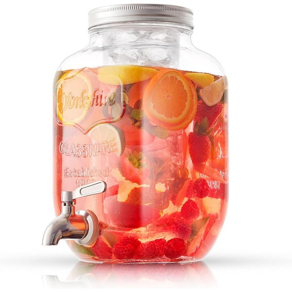 1-Gallon Drink Dispenser. Glass Beverage Dispenser with Stainless steel Spigot plus Ice Cylinder and Fruit Infuser! Water Dispenser, Lemonade Stand, Juice Container - Drink Dispensers for Parties