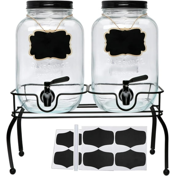 1-Gallon Drink Dispenser, Glass Water Dispenser with Black Tin Lid and Black Stainless steel faucet,Black Iron Frame,Mason Drink Dispenser for Parties, Picnics, Barbecues and Daily,2 pack