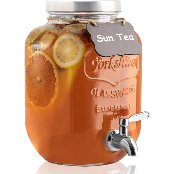 1 Gallon Drink Dispenser with Spigot 18/8 Stainless Steel  Airtight & Leakproof Glass Sun Tea Jar with Anti-Rust Lids, Beverage Dispenser for Parties