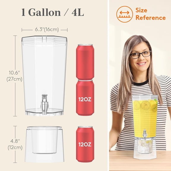 1 Gallon Drink Dispenser with Stand - 4L Plastic Beverage Container for Tea Soda Lemonade Party Hosting