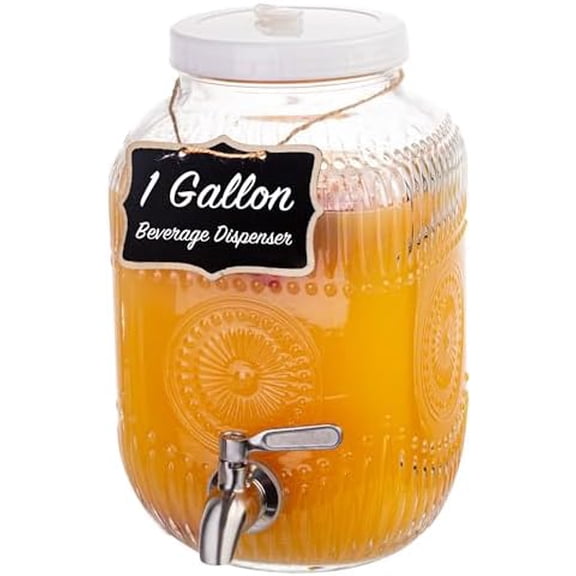 1 Gallon Glass Beverage Dispenser, 18/8 Stainless Steel Spigot and Lid With Ventilation Holes- Glass Drink Dispensers for Parties - Mason Jar Drink Dispensers with Lids