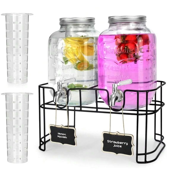1 Gallon Glass Beverage Dispenser, Great For Parties, 2PCS Leak-Proof Beverage Dispenser With Stand And Stainless Steel Faucet And Filter For Lemon, Juice, Sun Tea, Mixed Drinks - All Dishwasher