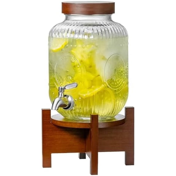 1 Gallon Glass Drink Dispenser with Acacia Wood Stand and Lid,Clear Embossed Beverage Dispenser with Stainless Steel Spigot Lemonade Dispenser for Wedding, BBQ,Picnic,Party