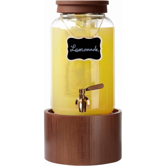1 Gallon Glass Drink Dispenser for Parties, Beverage Dispenser with Wooden Stand, Silicone Lid and Stainless Steel Spigot, Ideal for Lemonade, Juice, Sun Tea, and Party Drinks