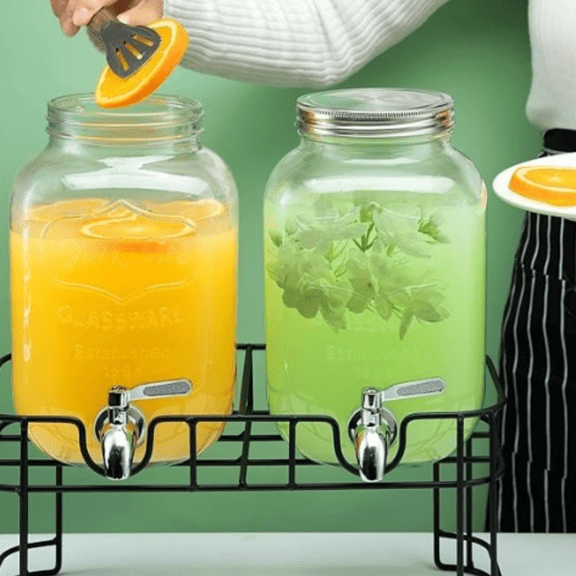 1 Gallon Glass Drink Dispensers for Parties, 2PACK Beverage Dispenser with Stand, Ice Cylinder and Stainless Steel Spigot 100% Leakproof, Beverage Dispenser for Lemonade Sun Tea