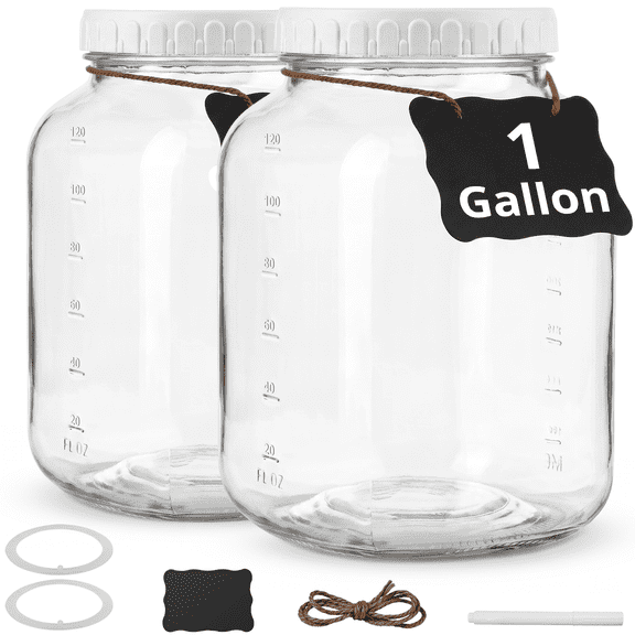 1 Gallon Clear Glass Jar with Lid, TAIMASI 2 Pack Wide-Mouth Large Mason Jars with Silicone Gasket, 2 Scale Mark, Glass Storage Container for Canning, Pickling, Storing Food