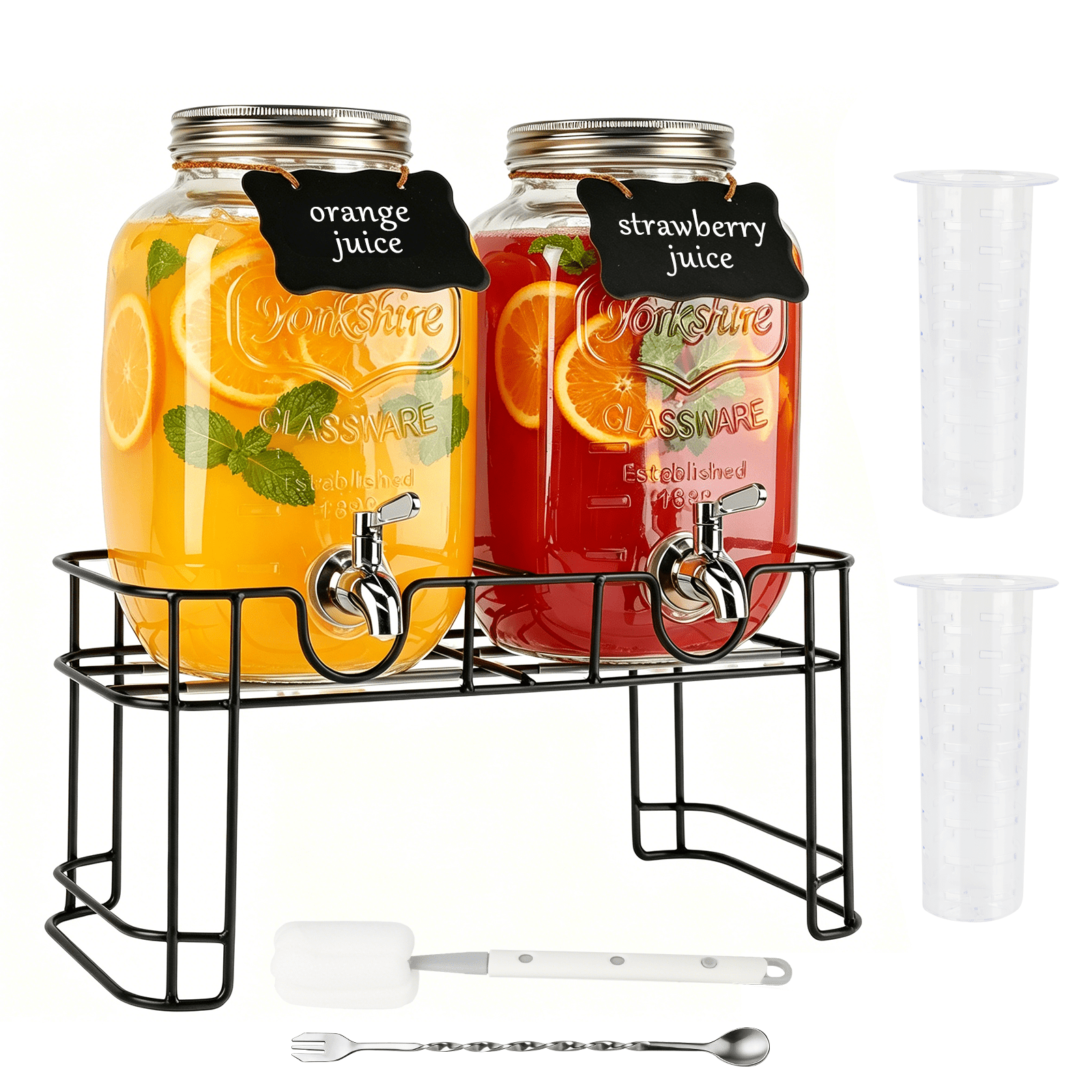 1 Gallon Glass Drink Dispensers for Parties, TAIMASI 2 Pack Beverage Dispenser with Stand & Stainless Steel Spigot, Leakproof Lemonade Drink Dispenser for Sun T