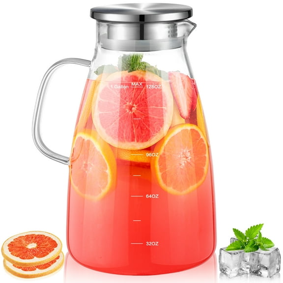 1 Gallon Glass Pitcher, 128oz Water Pitcher with Lid and Spout Extra Wide Mouth, Glass Carafe for Iced Tea Pitcher Coffee, Juice and Homemade Beverage
