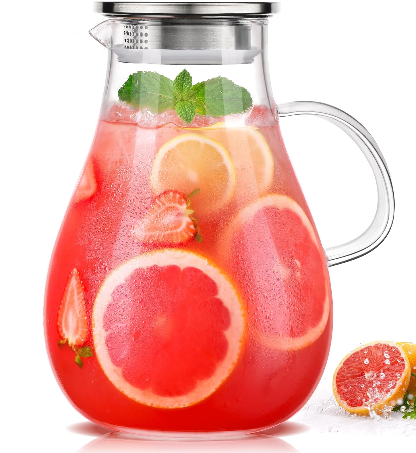 1 Gallon Glass Pitcher With Lid 128oz Water Handle For Fridge Borosilicate Large Jug Iced Tea Coffee And Sangria Hot/cold Beverage (extra-wide Mouth)