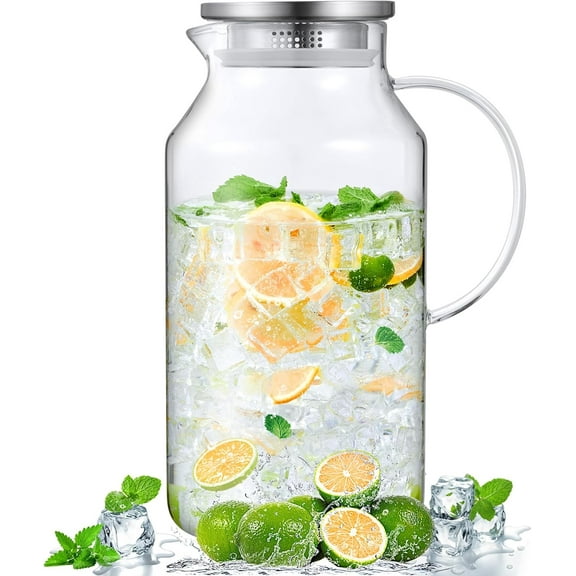 Glass Pitcher with Lid and Spout,  Glass Water Pitcher for Fridge, Glass Carafe for Hot/Cold Water, Iced Tea Pitcher, Large Jug for Coffee, Juice and Homemade Beverage