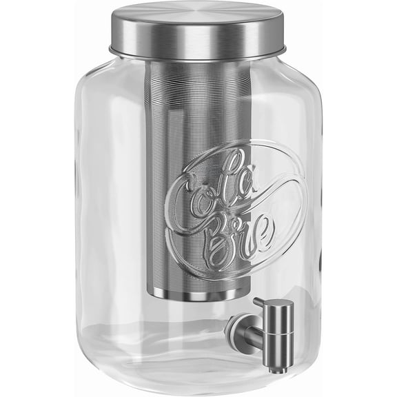 1 Gallon Mason Jar Drink Dispenser, Thick Glass Carafe, Stainless Steel Spigot and Mesh Filter, Premium Iced Coffee Maker, Cold Brew Pitcher & Tea Infuser