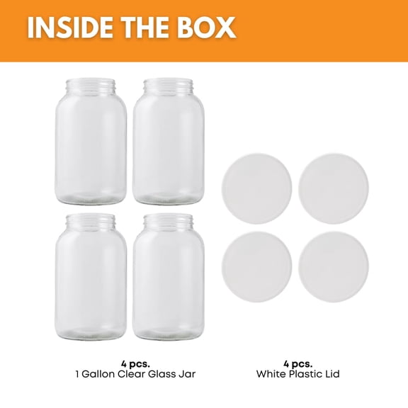 1 Gallon Mason Jar with White Airtight Lid (Pack of 4) | Regular Glass Canisters with Airtight Lids | Large Mouth Glass Jar for Food Storage, Canning, Fermentation, Pickling