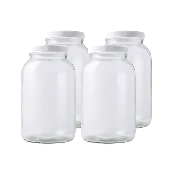 1 Gallon Mason Jar with White Airtight Lid (Pack of 4) | Regular Glass Canisters with Airtight Lids | Large Mouth Glass Jar for Food Storage, Canning, Fermentation, Pickling