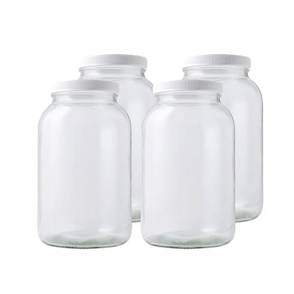 1 Gallon Mason Jar with White Airtight Lid (Pack of 4) | Regular Glass Canisters with Airtight Lids | Large Mouth Glass Jar for Food Storage, Canning, Fermentation, Pickling