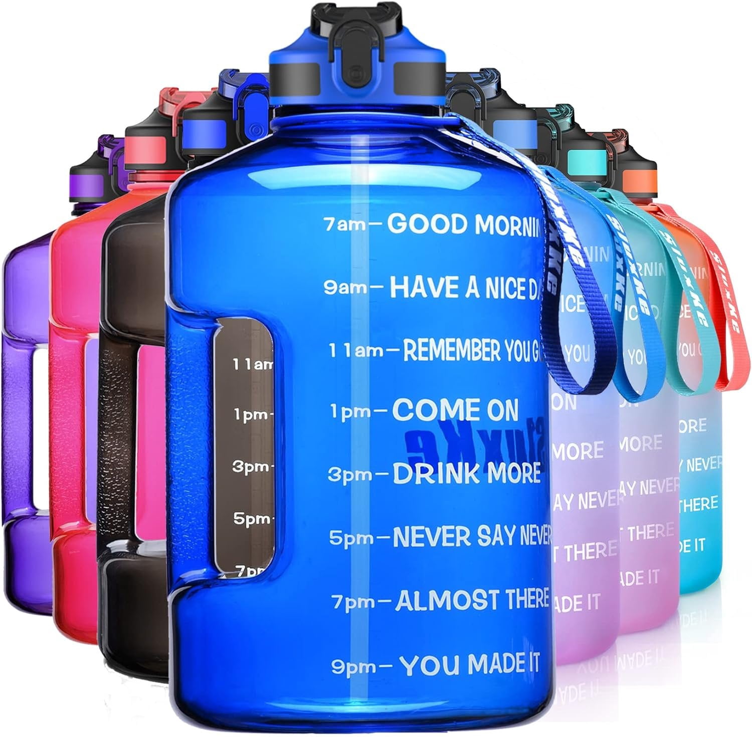 1 Gallon Motivational  Water Bottle with Time Marker,  128oz Leak Proof Jug, Black, Plastic, 128 ounces, Fitness, , Outdoor Activities