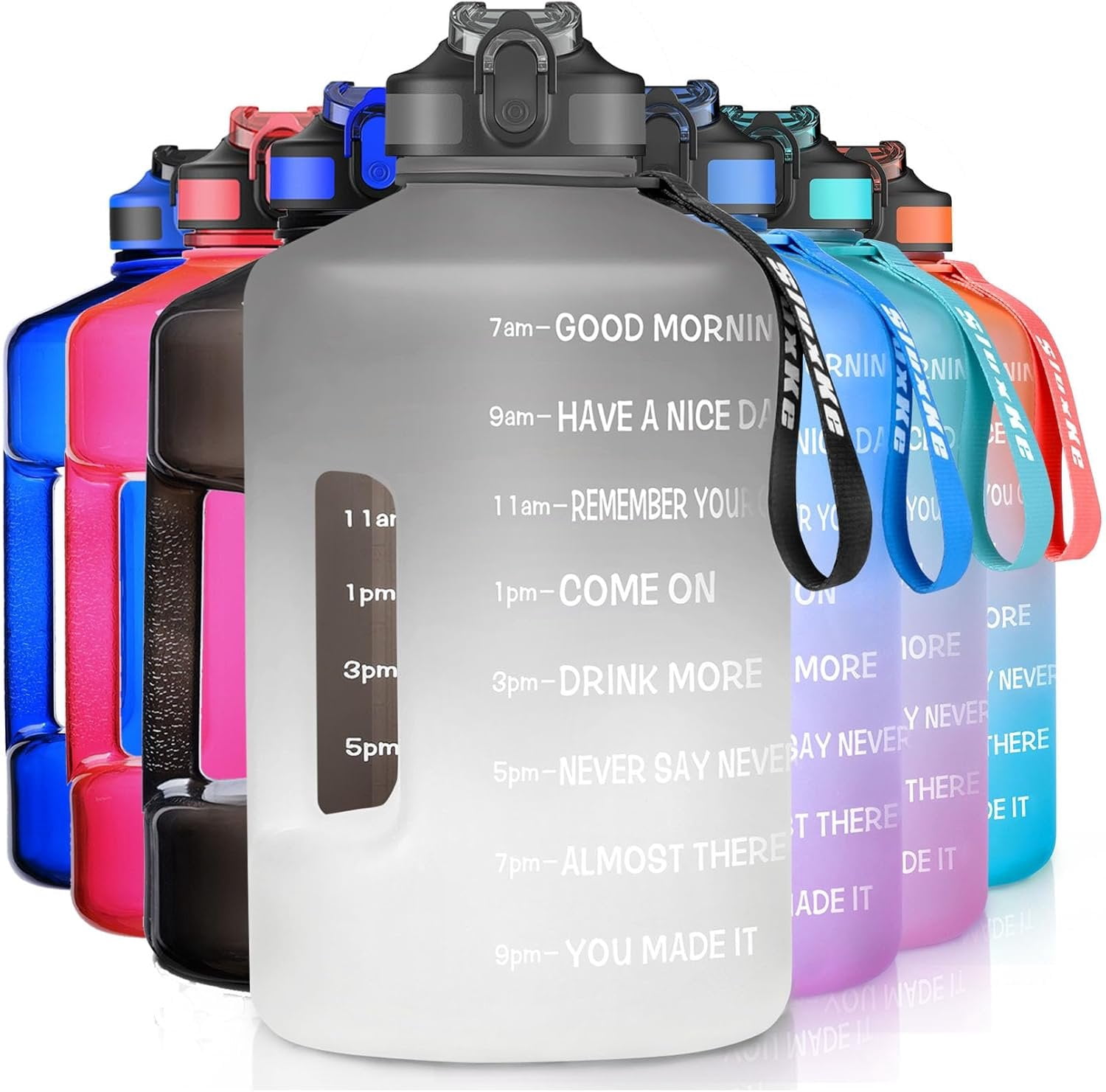 1 Gallon Motivational  Water Bottle with Time Marker,  128oz Leak Proof Jug, Black, Plastic, 128 ounces, Fitness, , Outdoor Activities