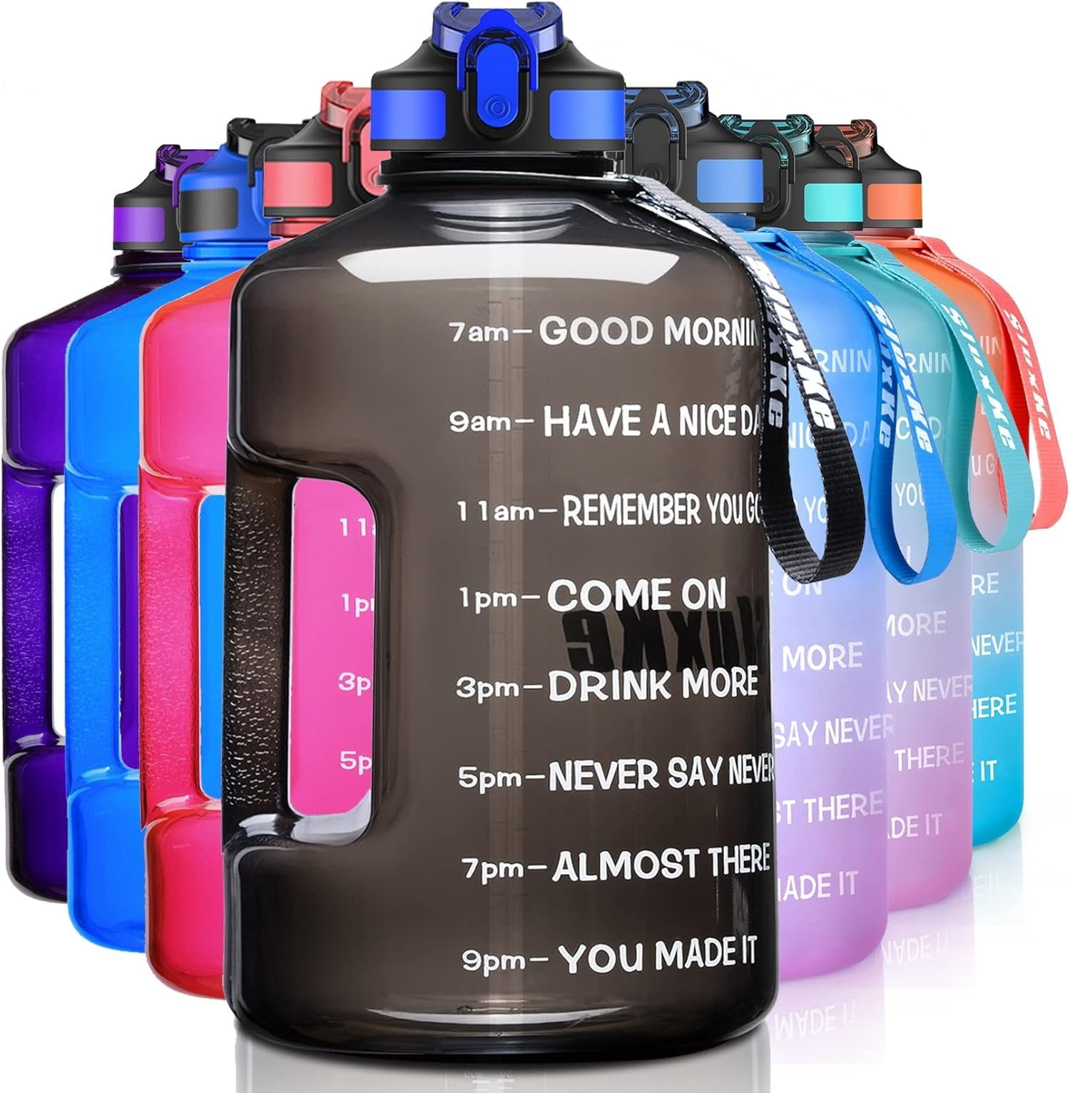 1 Gallon Motivational  Water Bottle with Time Marker,  128oz Leak Proof Jug, Black, Plastic, 128 ounces, Fitness, , Outdoor Activities