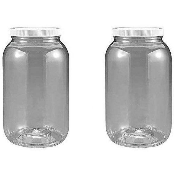 1 Gallon Plastic Jar 2 Pack Wide Mouth, Clear, with Lined Fresh Seal Lid, Shatter-Proof Container Storage PET 1 BPA Free 4 Quart 128 oz