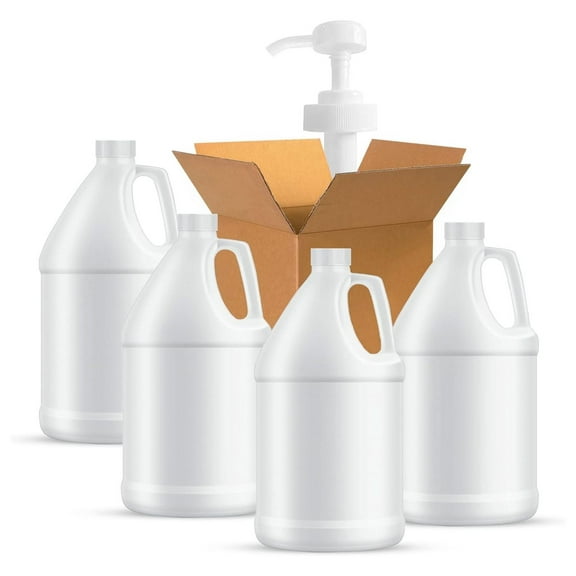 1-Gallon Plastic Jug (4-Pack) Reusable w/Shipping Box, Food-Safe, BPA Free | Heavy-Duty HDPE Containers for Water, Sauces, Soaps, , Liquids | Screw-On transparent