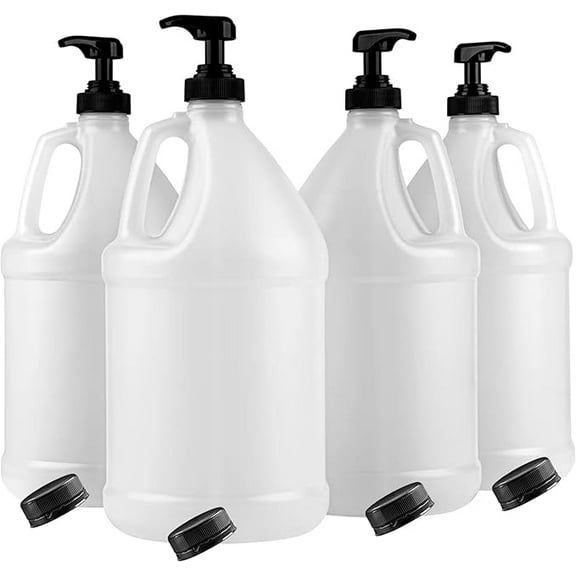 1-Gallon Plastic Jug with Pump Dispenser & Black Screw Caps - All Purpose Use, Laundry Detergent, Liquid Soap, Snow Cone Syrup, Durable Industrial-Grade (Pack of 4) Made in USA