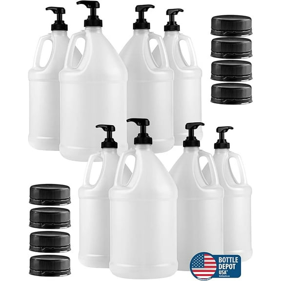 1-Gallon Plastic Jug with Pump Dispenser & Black Screw Caps - All Purpose Use, Laundry Detergent, Liquid Soap, Snow Cone Syrup, Durable Industrial-Grade (Pack of 8) Made in USA