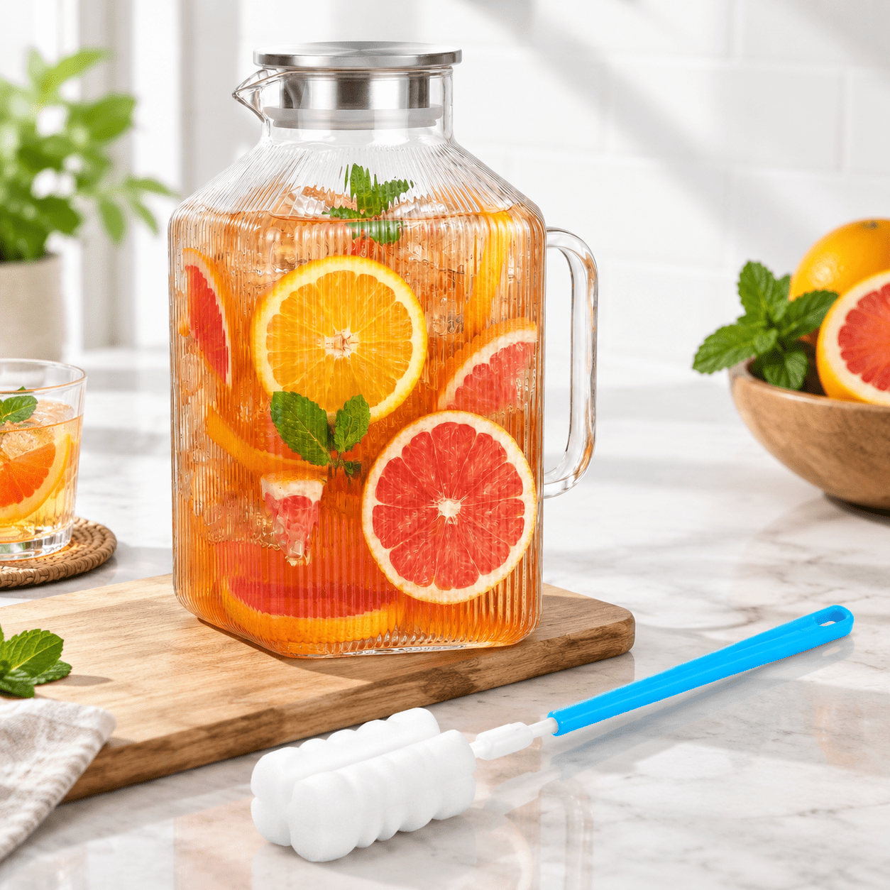 Ice Tea Pitcher Set 1 Gallon Square Glass Pitcher with Lid, Stripes, for Iced Tea and ...