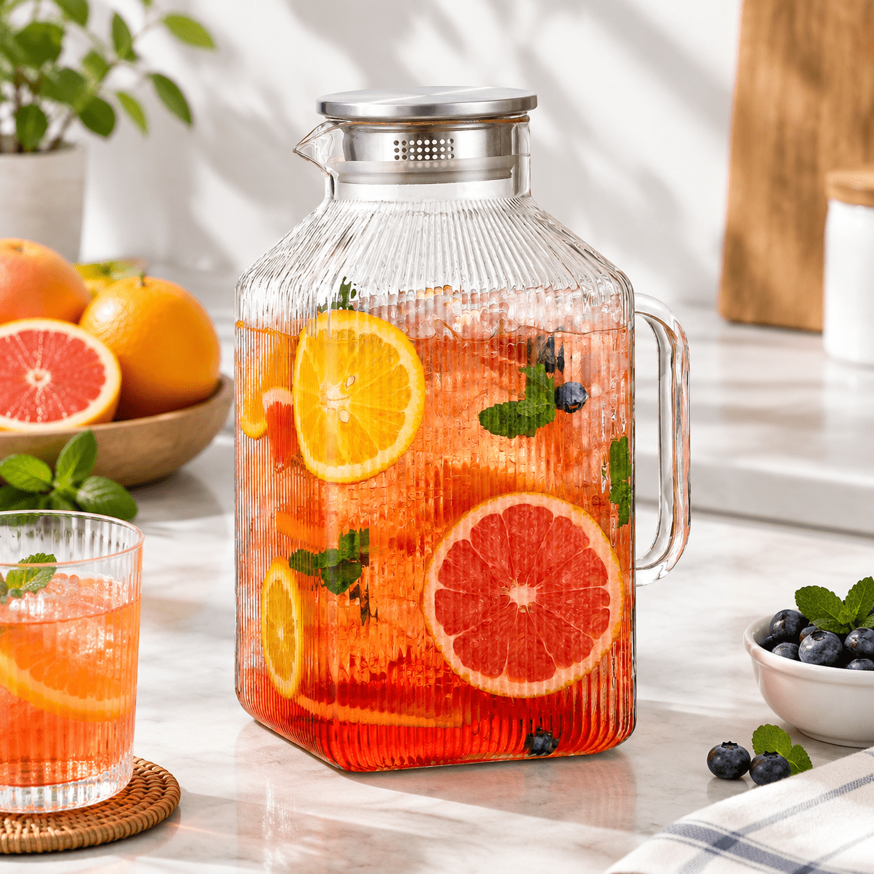 1 Gallon Square Glass Pitcher with Lid, Vertical Stripe Design for ...