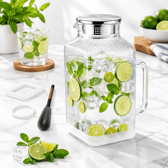 1 Gallon Square Glass Pitcher with Stripes, Silicone Base, and ...