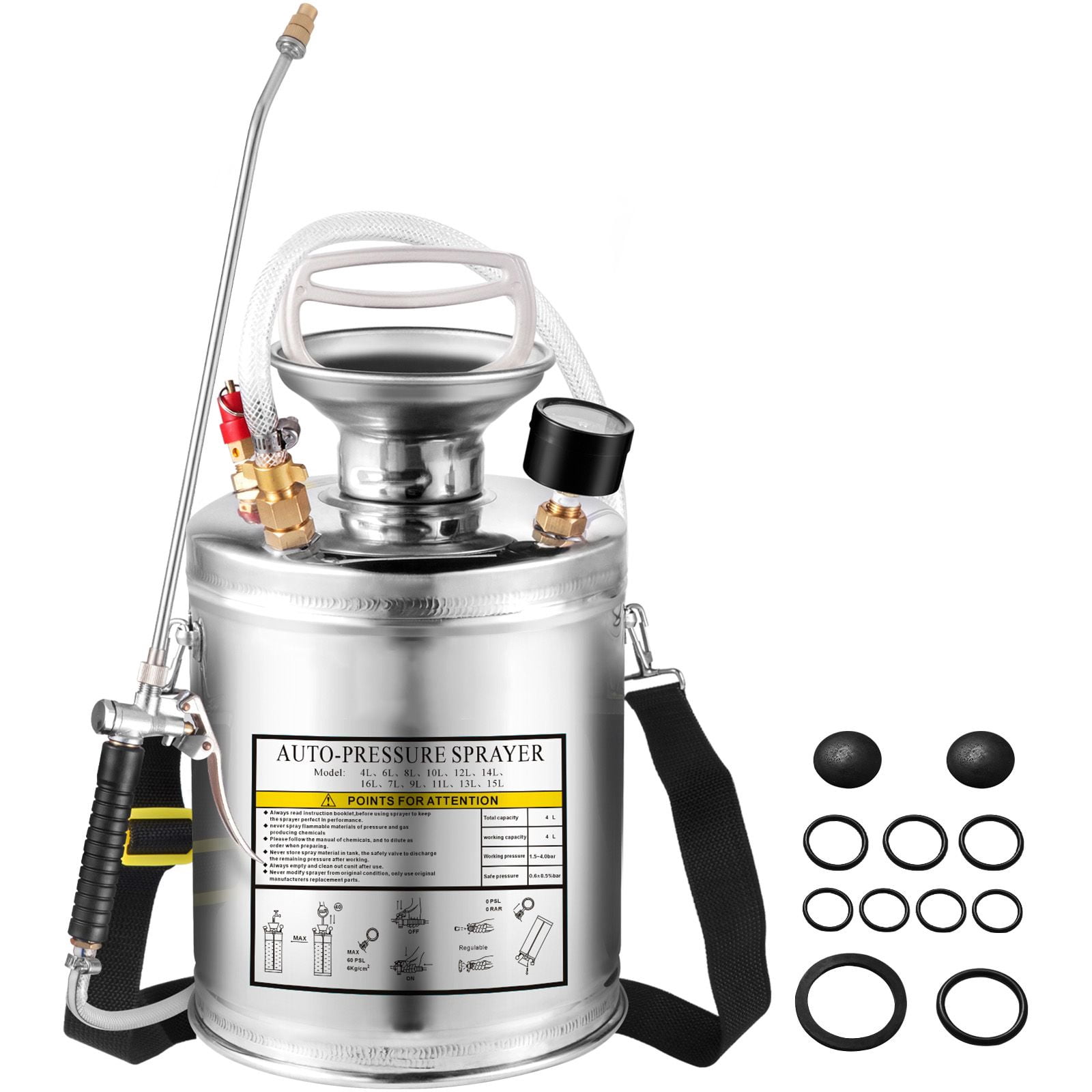 1 Gallon Stainless Steel Manual Pump Sprayer with Brass Nozzle, Pressure Gauge & Safety Valve, Ideal for Gardening, Lawn Care, Automotive & Cleaning