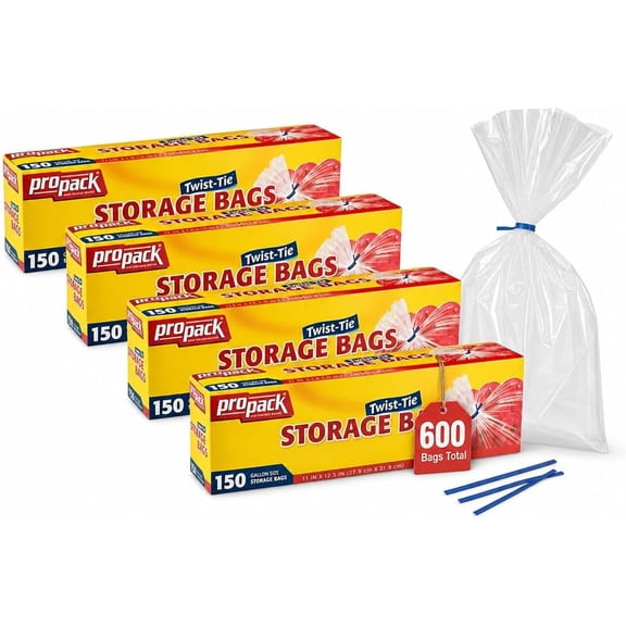 1 Gallon Storage Bags with Twist Ties, 600 Count - Clear Plastic Food Storage Bags for Sandwiches, Snacks, Fruit, Produce & Freezer