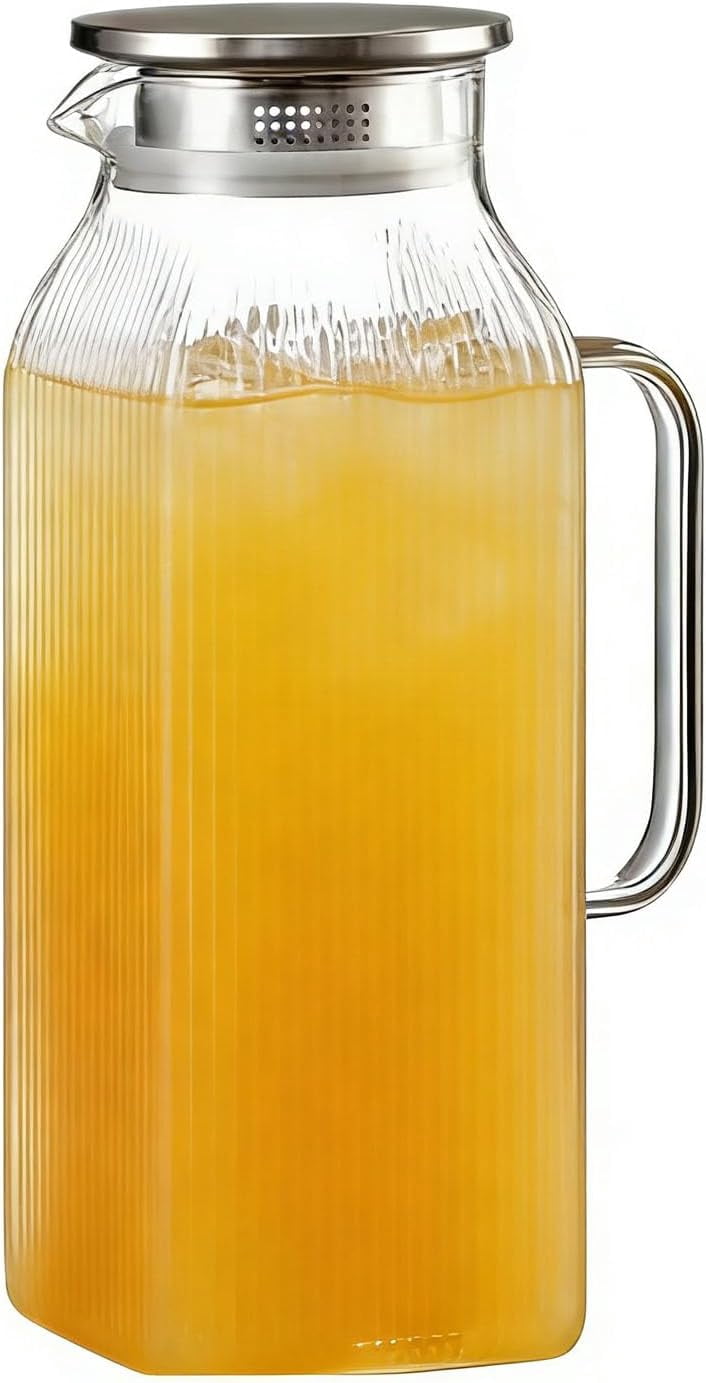 1 Gallon Thickened Glass Pitcher with Lid and Spout, Borosilicate Carafe for Hot Cold Drink, Water Pitcher for Fridge with Handle for Iced Tea Coffee Juice (2000ml)