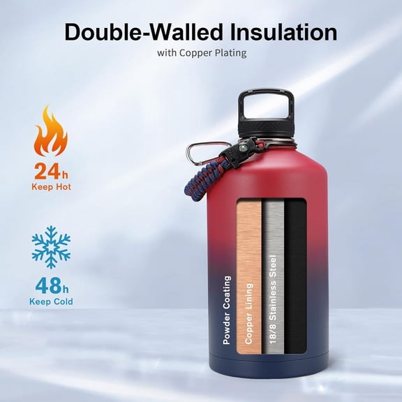 1 Gallon Water Bottle Insulated with Paracord Handle and Straw, 128oz Vacuum Double Wall Stainless Steel Large Jug, Keep Ice Cold 48hrs, Leakproof Sports Gym Flask for Men Women, Ruby Red