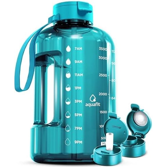 1 Gallon Water Bottle with Time Marker - Straw & Chug Lid - BPA Free Gym Water Bottle with Straw - Big Gallon Jug (Aqua, 128 oz - 2 Lids)