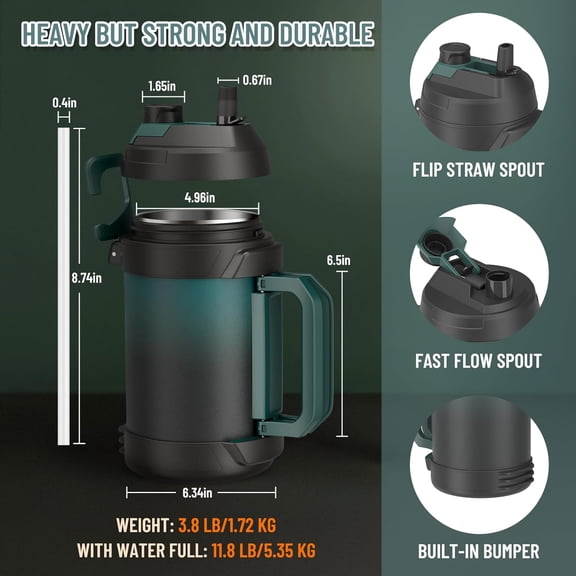 1 Gallon Water Jug, One Gallon Large Triple Wall Insulated Metal Jug With Straw and Spout,  128 oz Stainless Steel Sport Water Bottle Keeps Cold 48 Hours for Outdoors