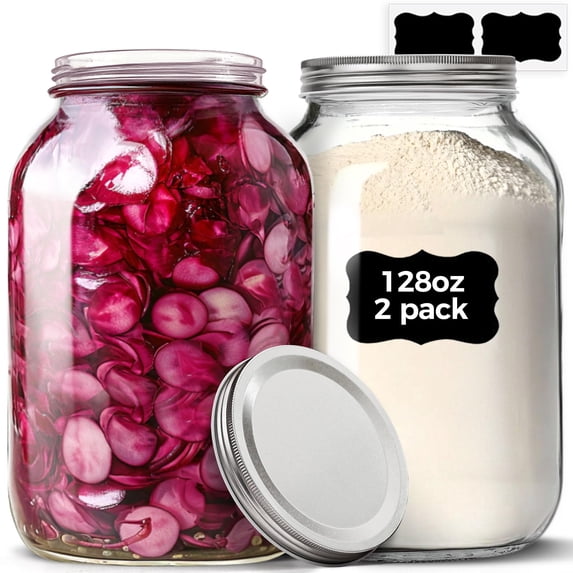 1 Gallon Wide Mouth Mason Jars 2 128 Oz Glass With Lids Flour Sugar Storage Containers Large For Pickles Fermented Food Sourdough Starter