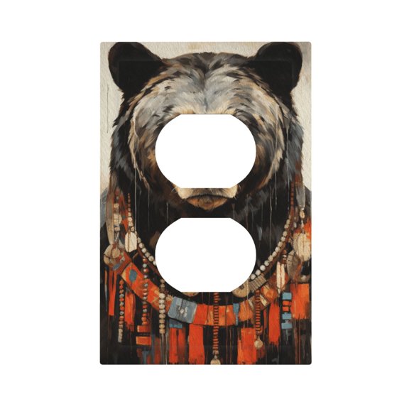 1-Gang Duplex Switch Wall Plate, Polycarbonate Cover with Screws, Bear Rustic Lodge Southwestern Art Print
