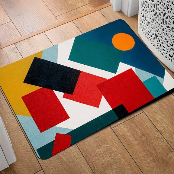 1. Geometric color block patterned floor mat, highly absorbent, machine washable, suitable for kitchens, hallways, bedroom entrances, bathrooms, living rooms, studies, toilets, and shower rooms.