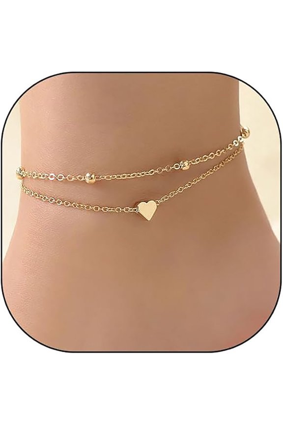 1 Gold Layered Ankle Bracelet Set Boho Stacked Oval Satellite Beads Heart Anklet Fashion Beach Surfer Jewelry Accessories Women Gift