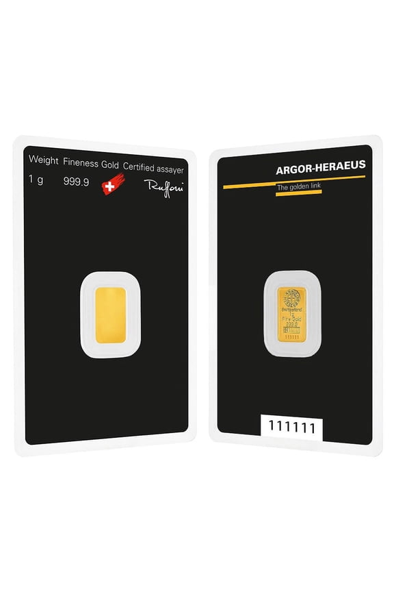 1 Gram Argor Heraeus Gold Bar .9999 Fine (in Assay)