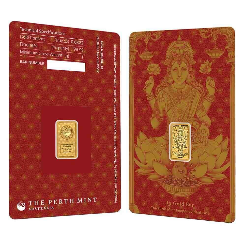 1 Gram Perth Mint Diwali Lakshmi Gold Bar .9999 Fine (in Assay)