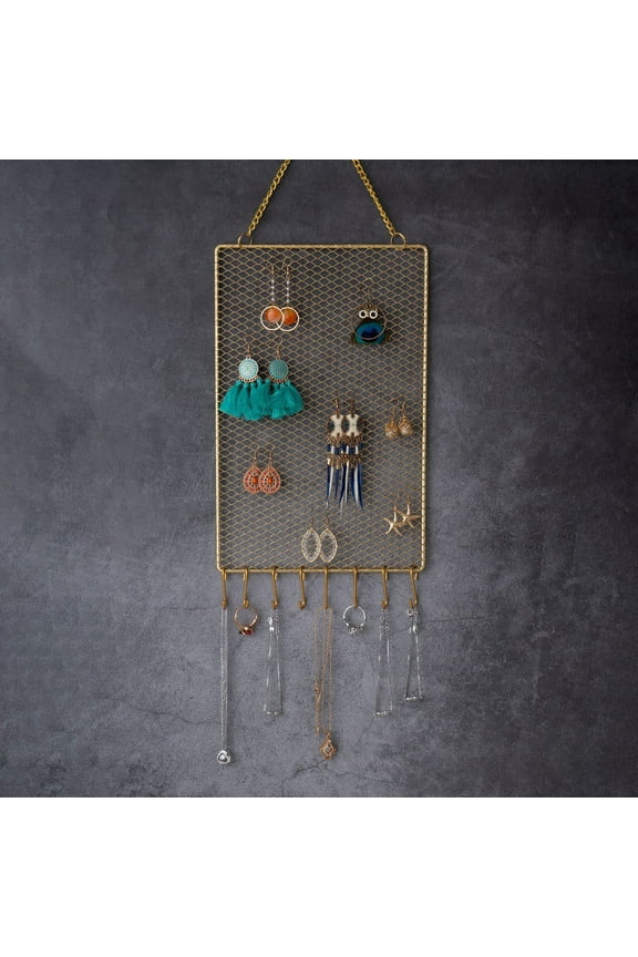 1*Grid Jewelry Wall Hanging New Rectangular Metal Mesh Jewelry Hanging Wall Decoration Goods Storage Rack Nail Earrings Pendant Necklace Display Rack Home Textile Storage