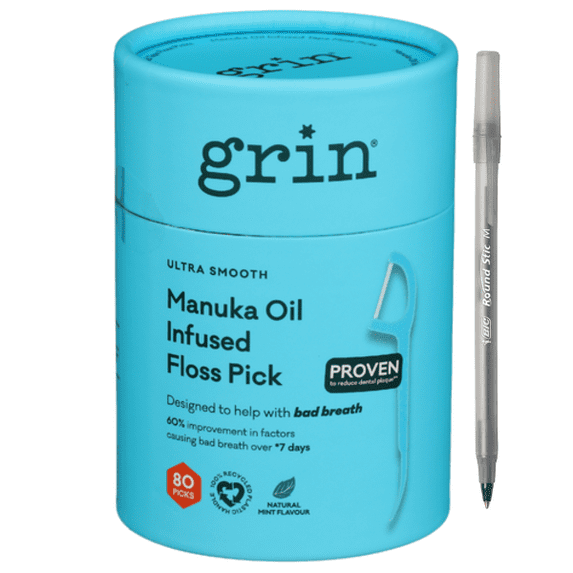 1+ Grin Natural Ultra Smooth Manuka Oil Infused Dental Floss Picks with pen