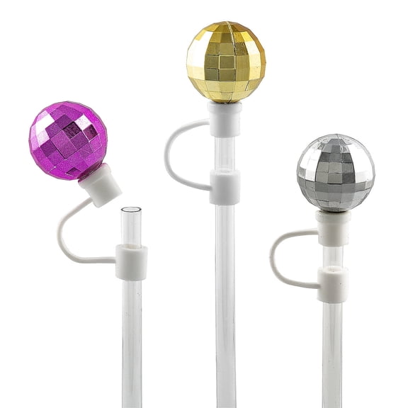 1" Groovy Disco Ball-Shaped Plastic Straw Toppers - 12 Pc.